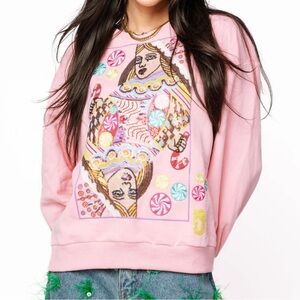 QUEEN OF SPARKLES Christmas Pink Candyland Card Logo Sweatshirt